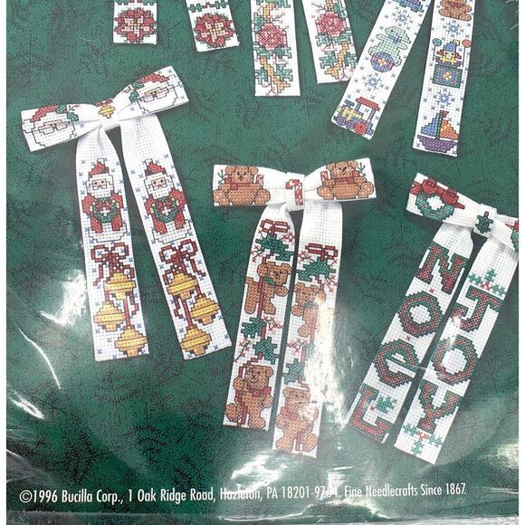 VTG NOS 1996 Bucilla Cross Stitch Kit 6 Christmas Themed Bows 4”x 6” Unopened - Picture 3 of 7